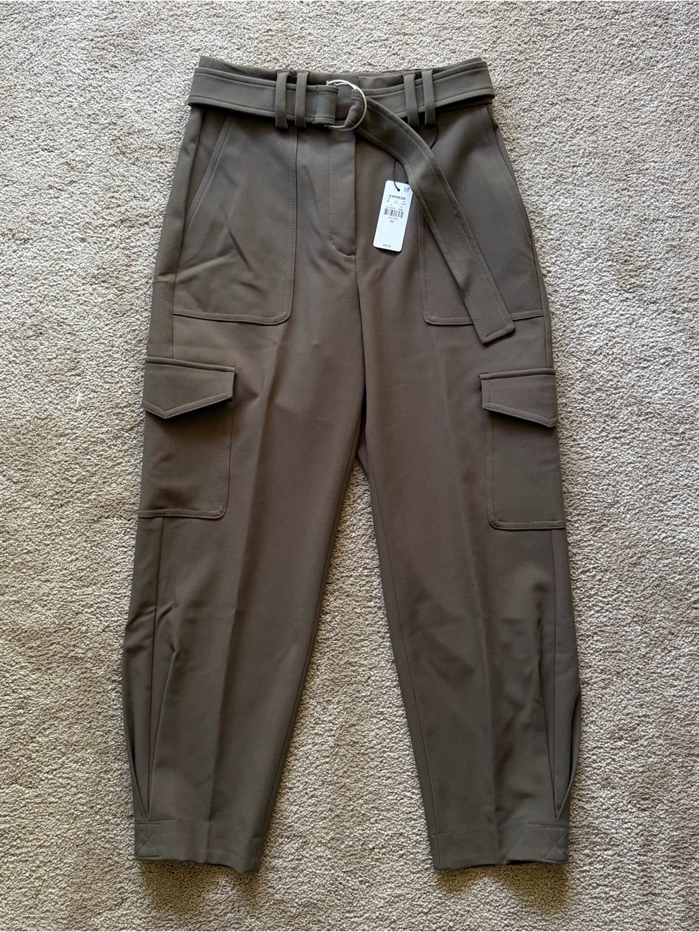 Express Olive Green High Waist Cargo Belted Barrel Ankle Pants
